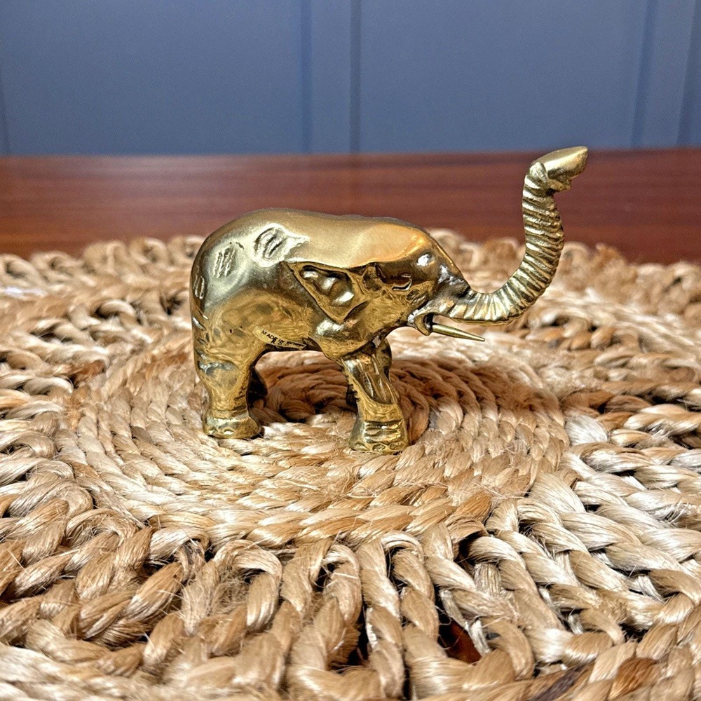 Vintage Solid Brass Elephant Figurine‎ Trunk Up 4.5 in Lucky Trinket Circus